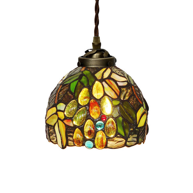 Tiffany Domed Pendant Light 1 Light Red/Pink/Yellow Stained Glass Ceiling Suspension Lamp for Dining Room