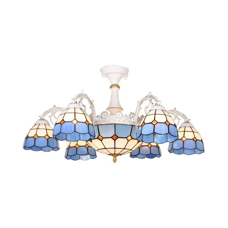 9 luces Semi Flush Barroque Barroque Estampado Azul/Orange/Luz de techo de vidrio de corte azul claro para sala de estar