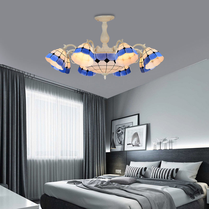 9/14 Lights Semi Flush Light Fixture Tiffany-Style Grid Patterned Blue Cut Glass Ceiling Lamp for Living Room
