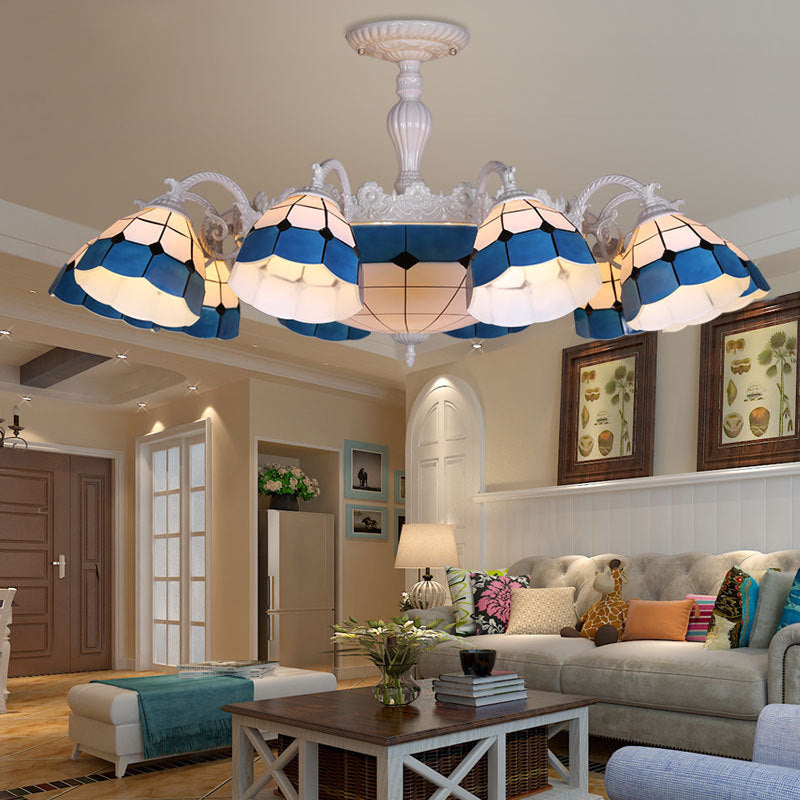 9/14 Lights Semi Flush Light Fixture Tiffany-Style Grid Patterned Blue Cut Glass Ceiling Lamp for Living Room