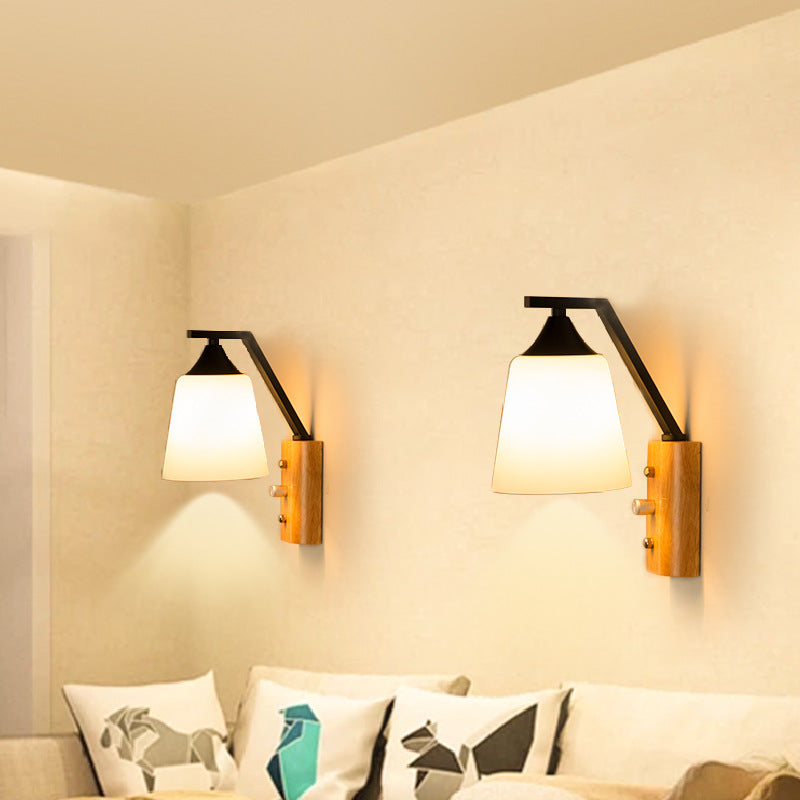 Modern Creative Dome Wall Lamp Wooden 1-Light Wall Sconce with White Glass Shade