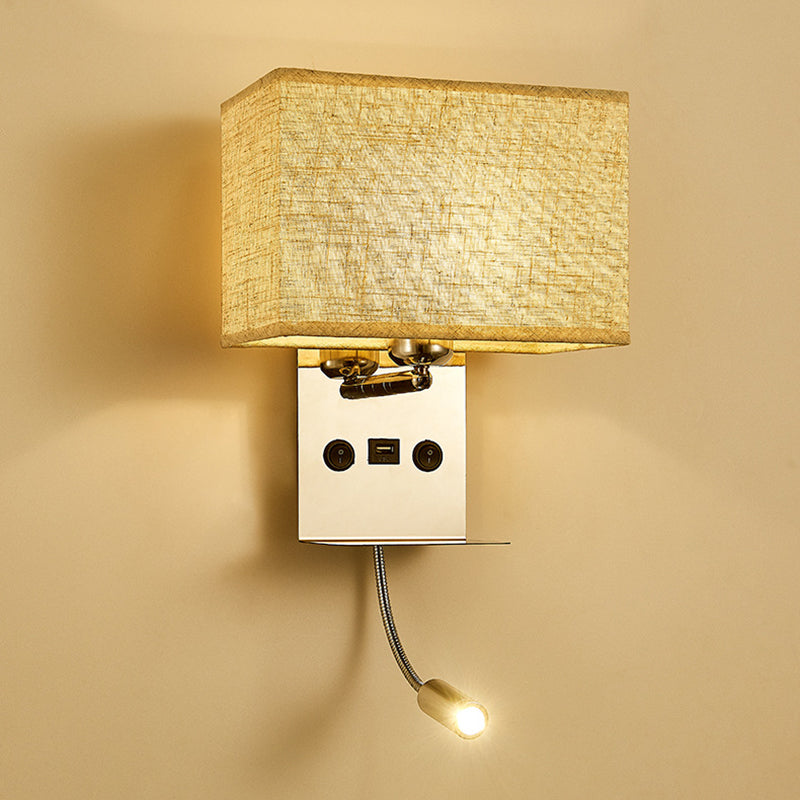 Modern Concise Reading Wall Lamp Stainless-Steel Rectangular Wall Sconce with Fabrics Shade