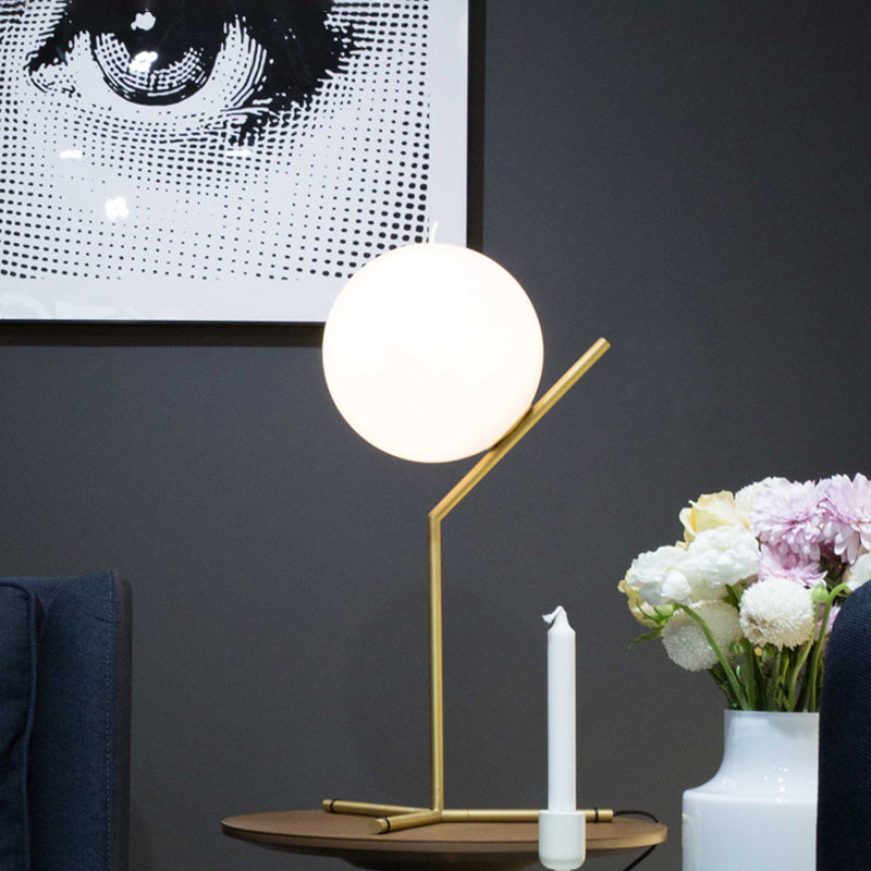 Opaline Glass Ball Night Lamp Nordic 1-Light Gold Table Light with Metal Rod Stand