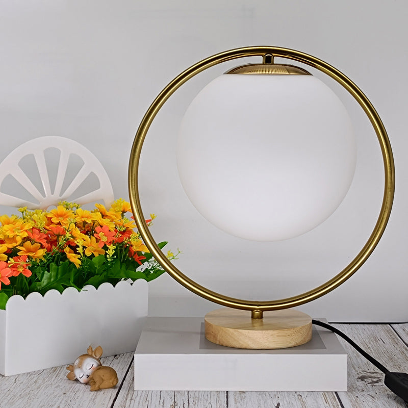 Opaline Glass Ball Night Lamp Nordic 1-Light Gold Table Light with Metal Rod Stand