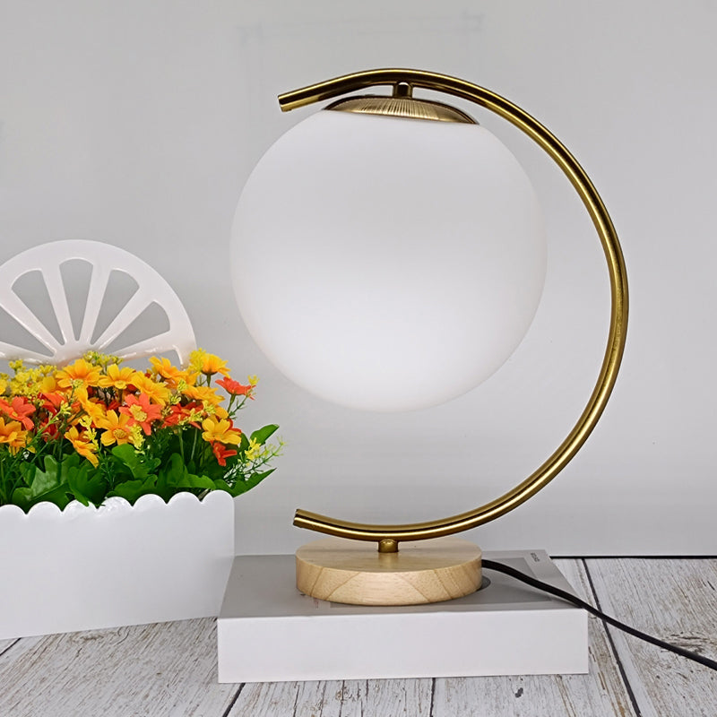 Opaline Glass Ball Night Lamp Nordic 1-Light Gold Table Light with Metal Rod Stand