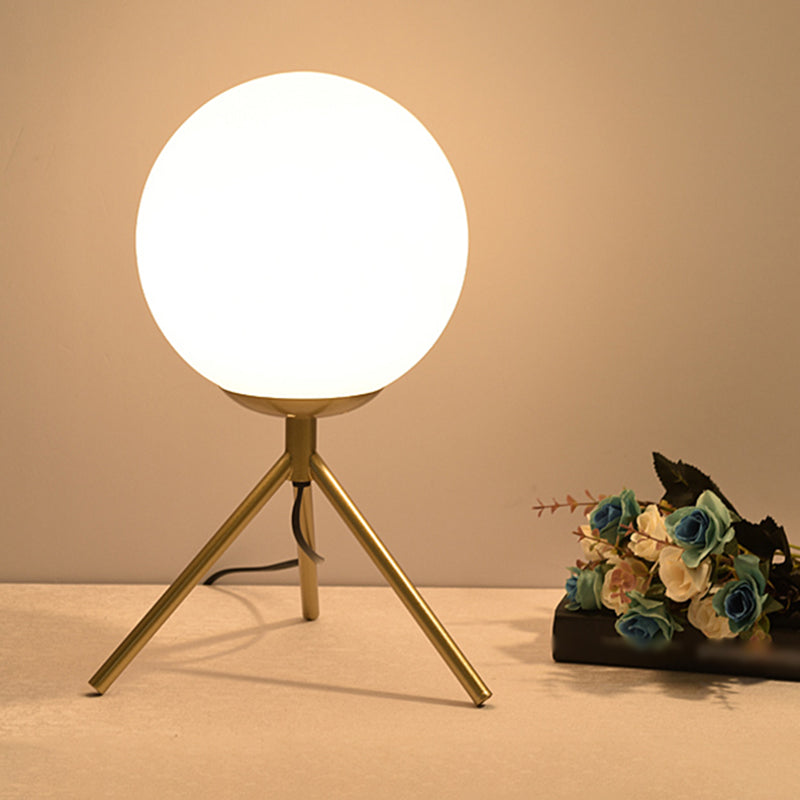 Opaline Glass Ball Night Lamp Nordic 1-Light Gold Table Light with Metal Rod Stand