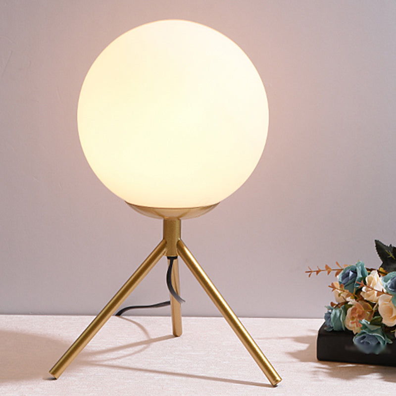 Opaline Glass Ball Night Lamp Nordic 1-Light Gold Table Light with Metal Rod Stand