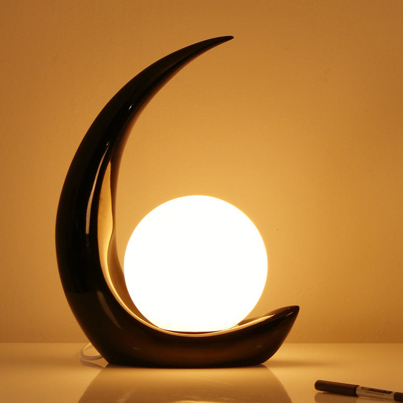 Crescent Resin Night Lamp Nordic 1 Bulb Table Light with Spherical Milky Glass Shade