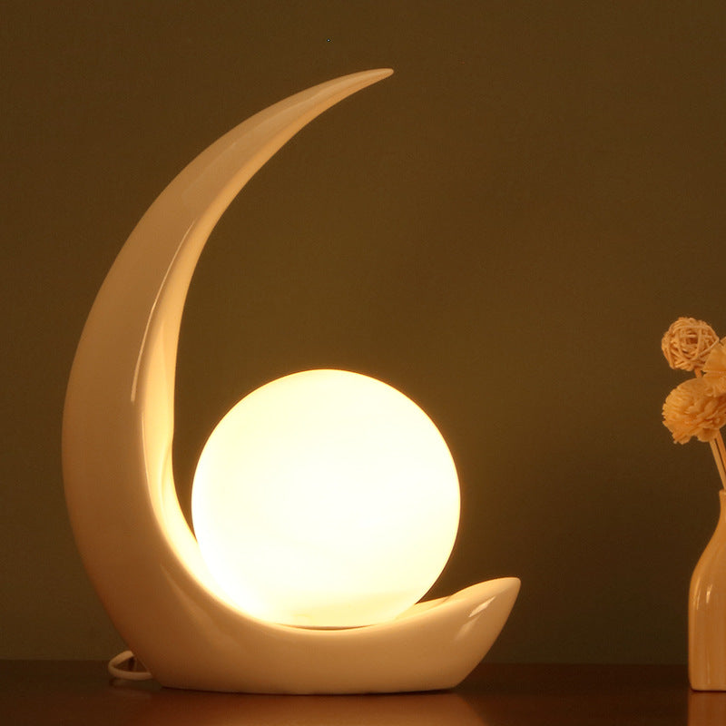 Crescent Resin Night Lamp Nordic 1 Bulb Table Light with Spherical Milky Glass Shade