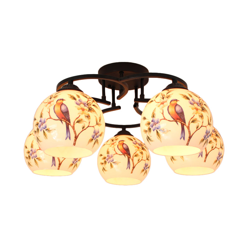 Méditerranée Globe Semi Flush Éclairage 5 lumières Plafond en verre coupé blanc avec motif de fleur / oiseau / papillon