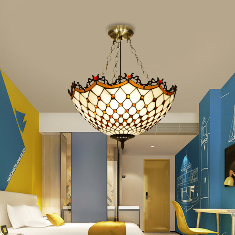 Bowl Semi Mount Éclairage 3 lumières Blanc / Blue Glass Baroque Plafond Lampe pour le salon