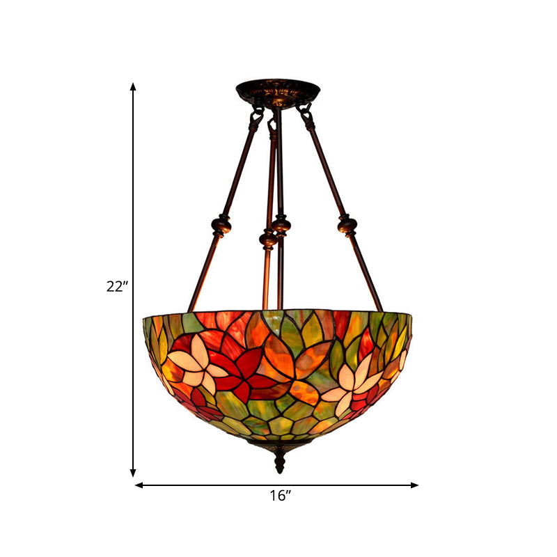 Blossom Semi-Encastré 3 Lumières Rouge/Orange/Vert Vitrail Victorien Plafonnier Luminaire pour Cuisine