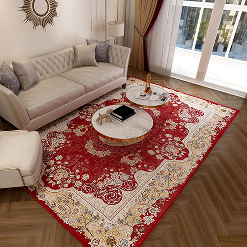 Red Tone Floral Print Rug Polyester Antique Carpet Non-Slip Backing Indoor Rug for Home Decoration