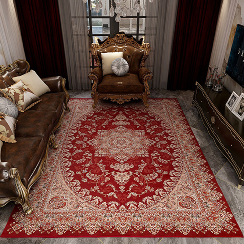Red Tone Floral Print Rug Polyester Antique Carpet Non-Slip Backing Indoor Rug for Home Decoration