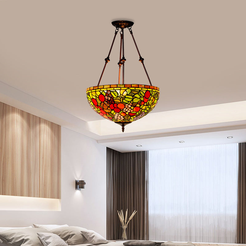2 lumières Livrés semi-luminaire de plafond en bronze de style victorien avec une teinte en vitrail vert / rose / rouge / rouge