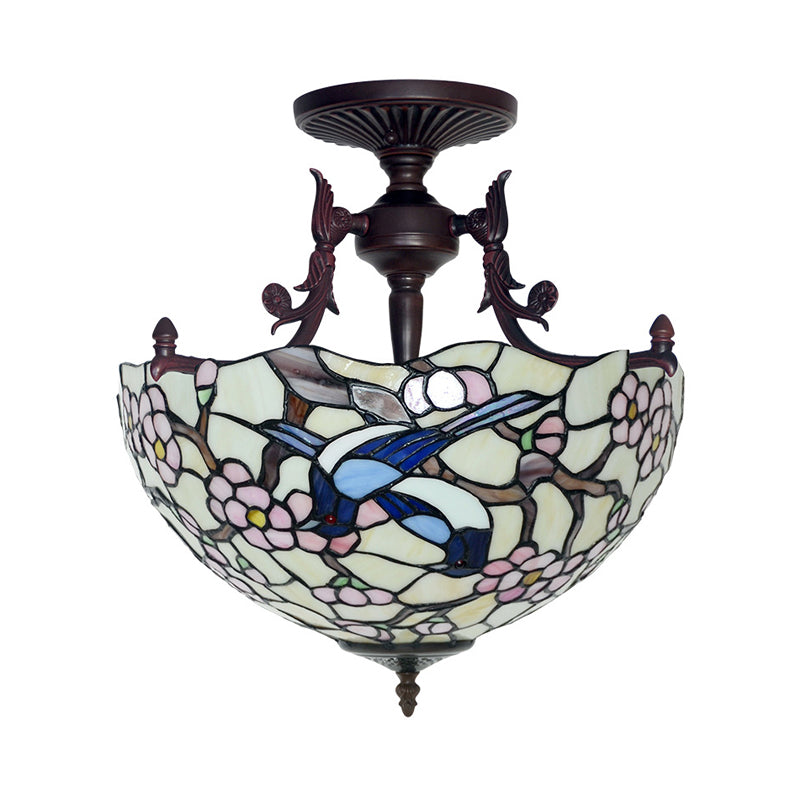 Bronze 3 Lights Semi Flush Light Mediterranean Beige/Red/Yellow Glass Domed Shade Ceiling Lighting for Living Room