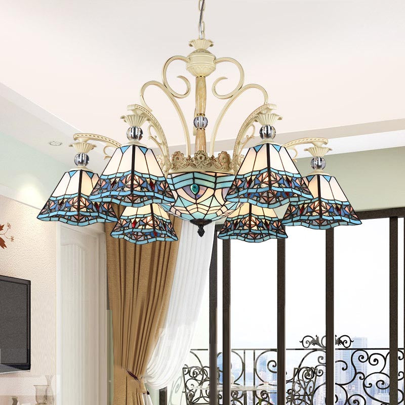 Luminaire lustre bleu en verre tachée Pyramide 11 lumières Baroque Plafon
