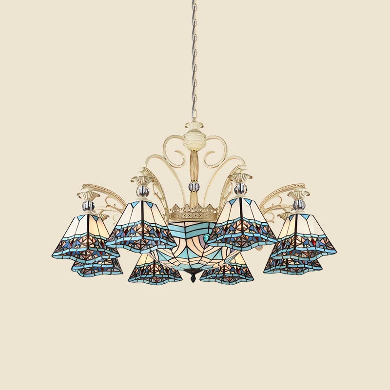 Luminaire lustre bleu en verre tachée Pyramide 11 lumières Baroque Plafon