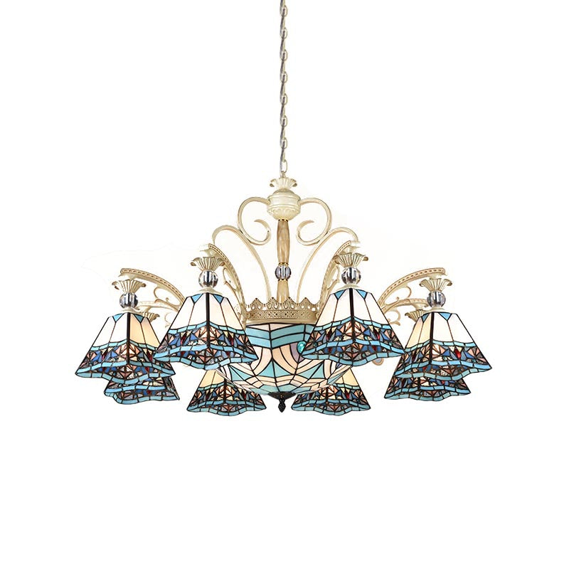 Luminaire lustre bleu en verre tachée Pyramide 11 lumières Baroque Plafon