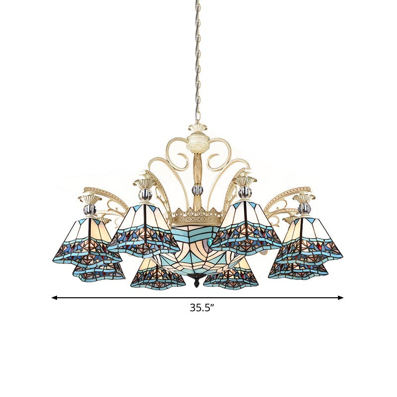 Luminaire lustre bleu en verre tachée Pyramide 11 lumières Baroque Plafon