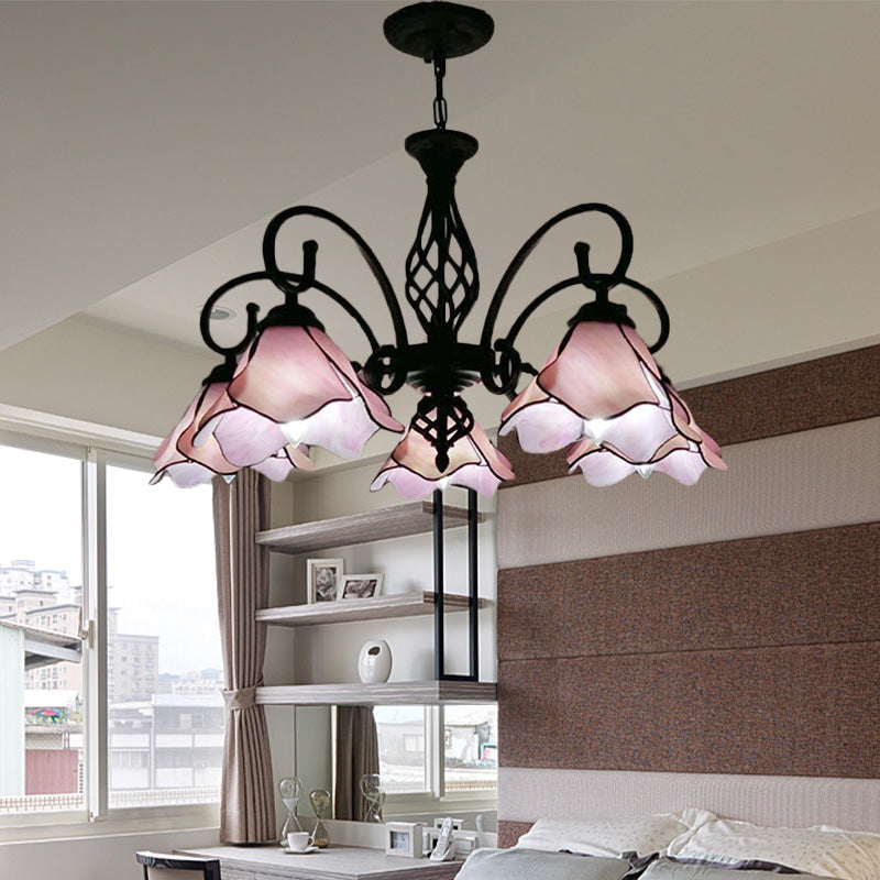 Funzione per illuminazione del lampadario petalo tiffany rosa/blu vetro 5/8 luci a soffitto nero luce a sospensione per camera da letto