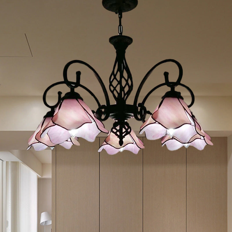 Funzione per illuminazione del lampadario petalo tiffany rosa/blu vetro 5/8 luci a soffitto nero luce a sospensione per camera da letto
