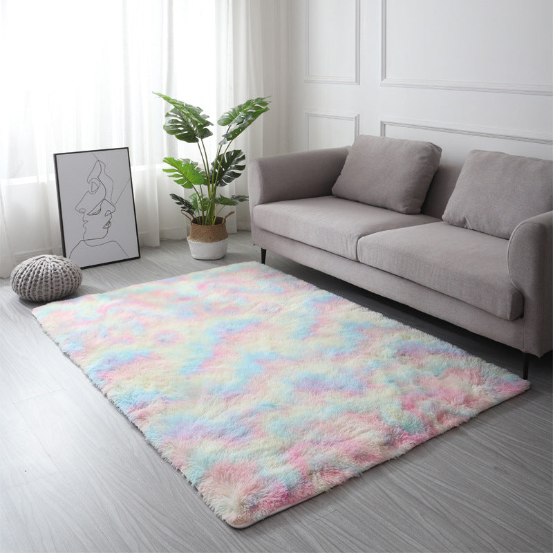 Minimalist Living Room Rug Simple Tie Dye Print Carpet Polyester Shag Rug with Non-Slip Backing