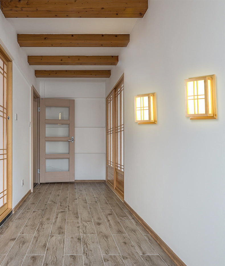 Rectangular Wood Wall Light Japanese 1-Light Wall Mount Light for Dining Room