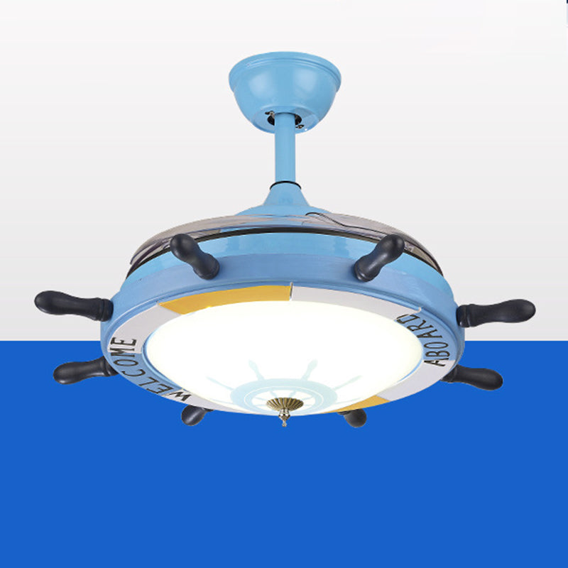 Blue Rudder Pendant Fan Lamp Mediterranean Metal LED Semi Flush Light with Dome Shade