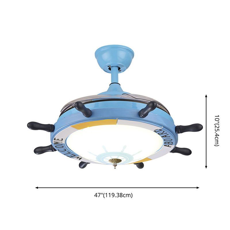 Blue Rudder Pendant Fan Lamp Mediterranean Metal LED Semi Flush Light with Dome Shade