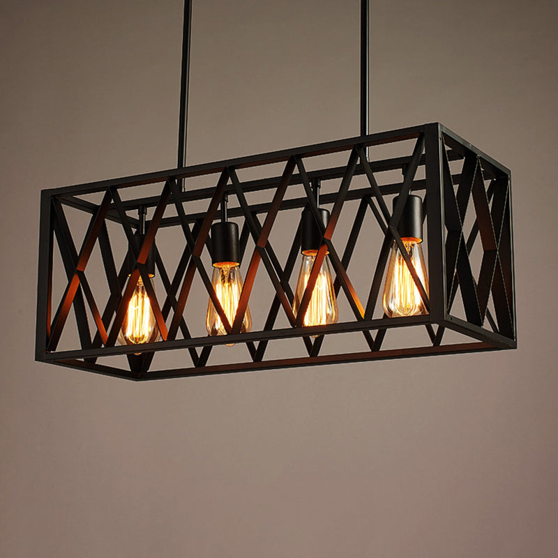 Metal Island Lighting Fixture Loft Style Black Rectangle Restaurant Hanging Island Light