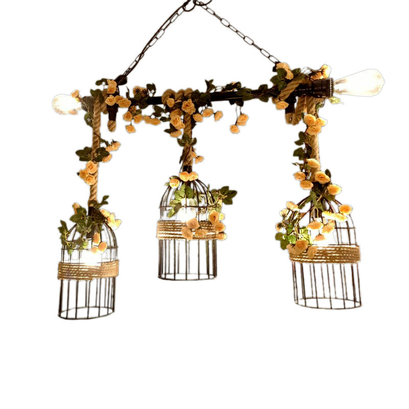 Beige Island Pendant Light Vintage Style Rope Bird Cage Pendant Lighting Fixture
