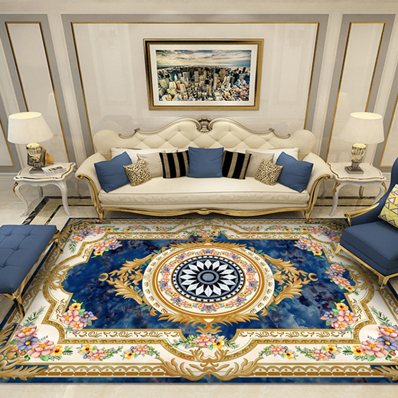 Blauwe toon luxe vloerkleed polyester Europees print tapijt niet-slip achterste indoor tapijt voor woonkamer