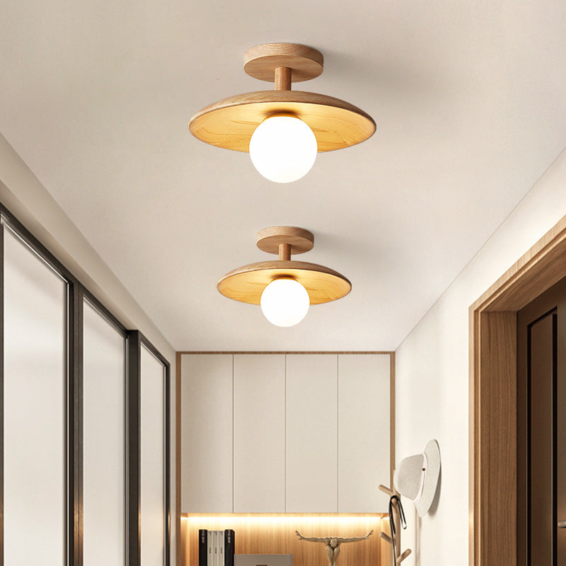 Log Color Globe Semi Flush Mount in Modern Simplicity Wooden Indoor Ceiling Light with Glass Shade