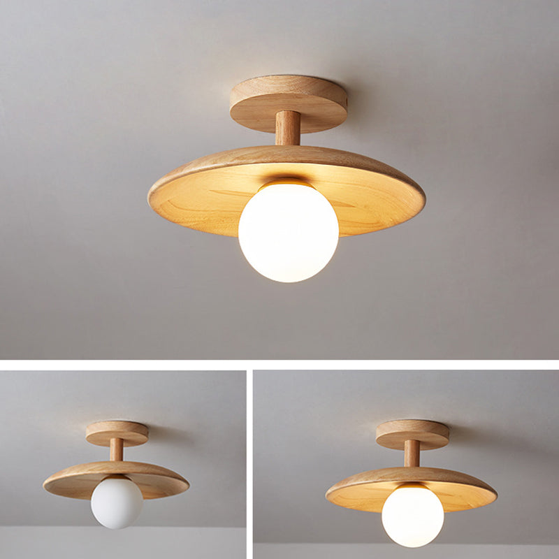 Log Color Globe Semi Flush Mount in Modern Simplicity Wooden Indoor Ceiling Light with Glass Shade