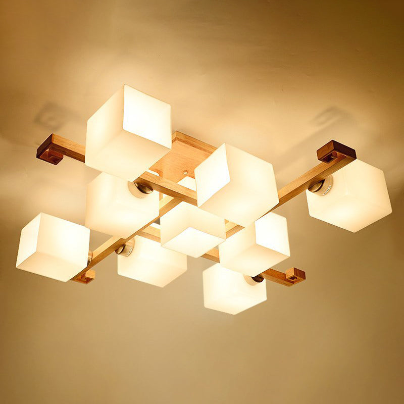 Modern Creative Indoor Semi Flush Mount Wooden Sputnik Ceiling Light with White Glass Shade