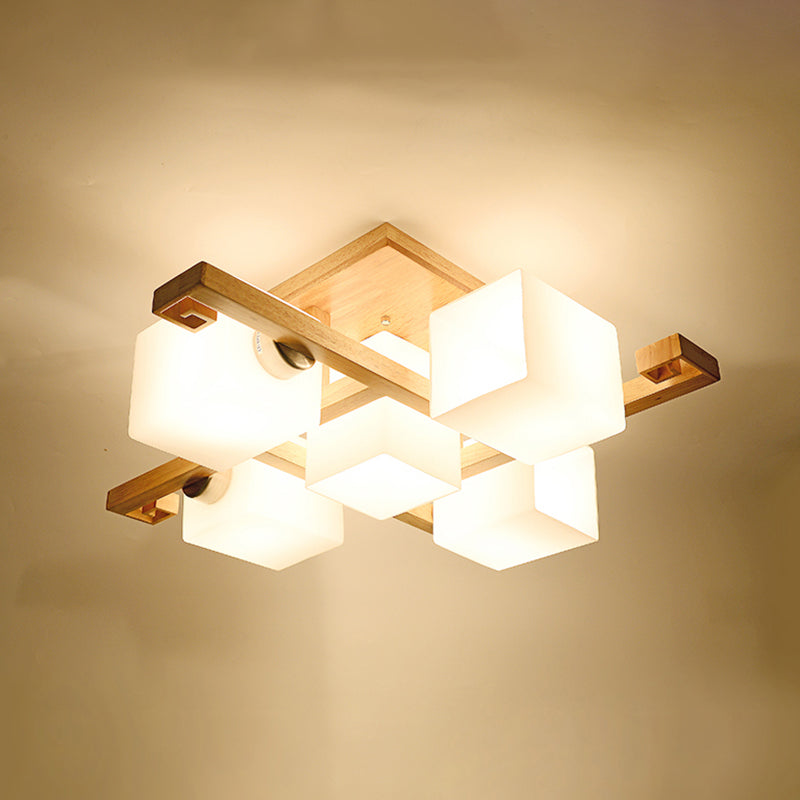 Modern Creative Indoor Semi Flush Mount Wooden Sputnik Ceiling Light with White Glass Shade