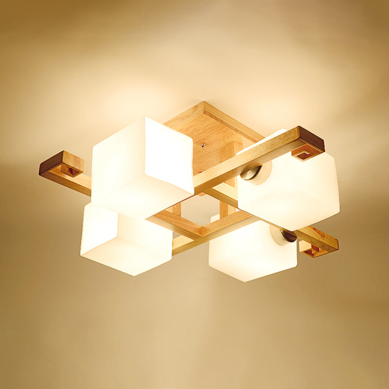 Modern Creative Indoor Semi Flush Mount Wooden Sputnik Ceiling Light with White Glass Shade