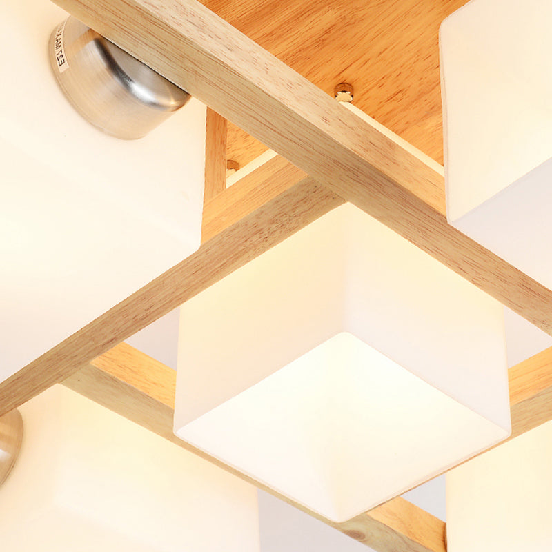 Modern Creative Indoor Semi Flush Mount Wooden Sputnik Ceiling Light with White Glass Shade