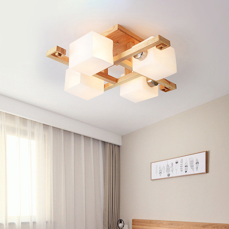 Modern Creative Indoor Semi Flush Mount Wooden Sputnik Ceiling Light with White Glass Shade