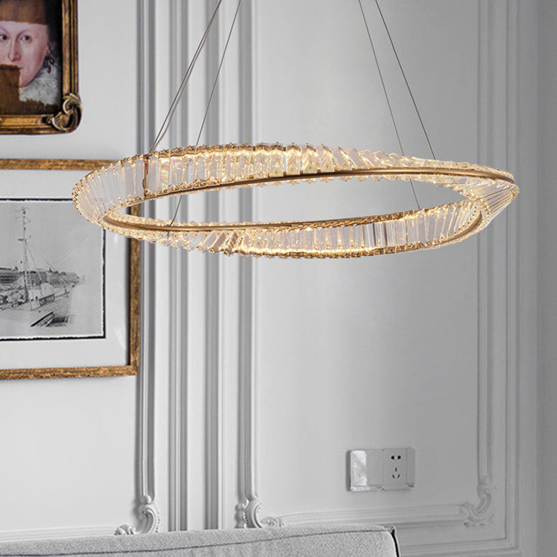 Modern Luxury LED Pendant Light Wrought Iron Circular Hanging Lamp with Crystal Shade