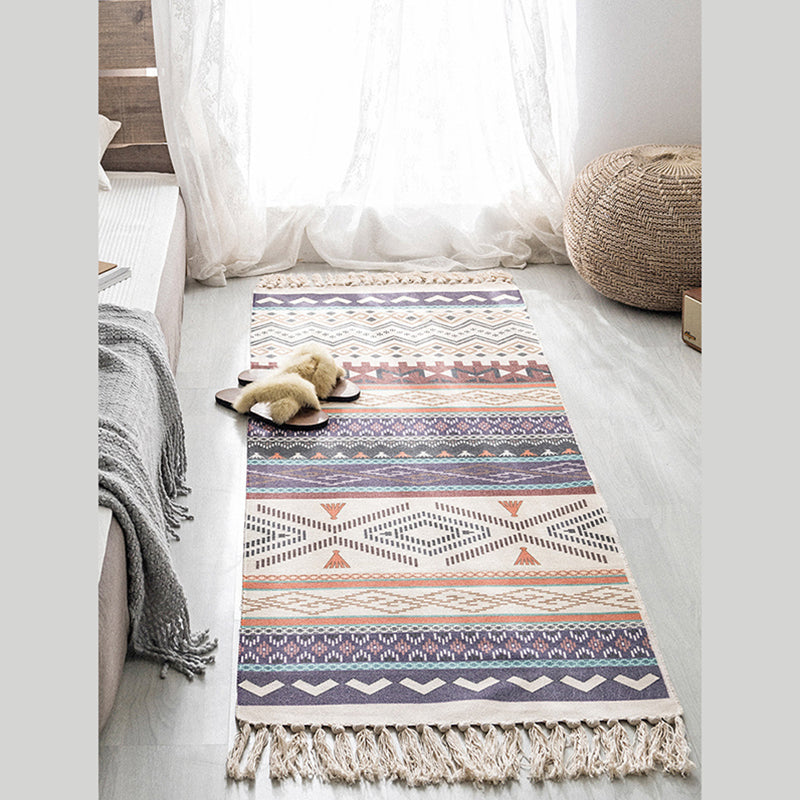 Bohemian Americana Pattern Carpet Purple Polyester Area Rug Fringe Indoor Rug for Home Decor