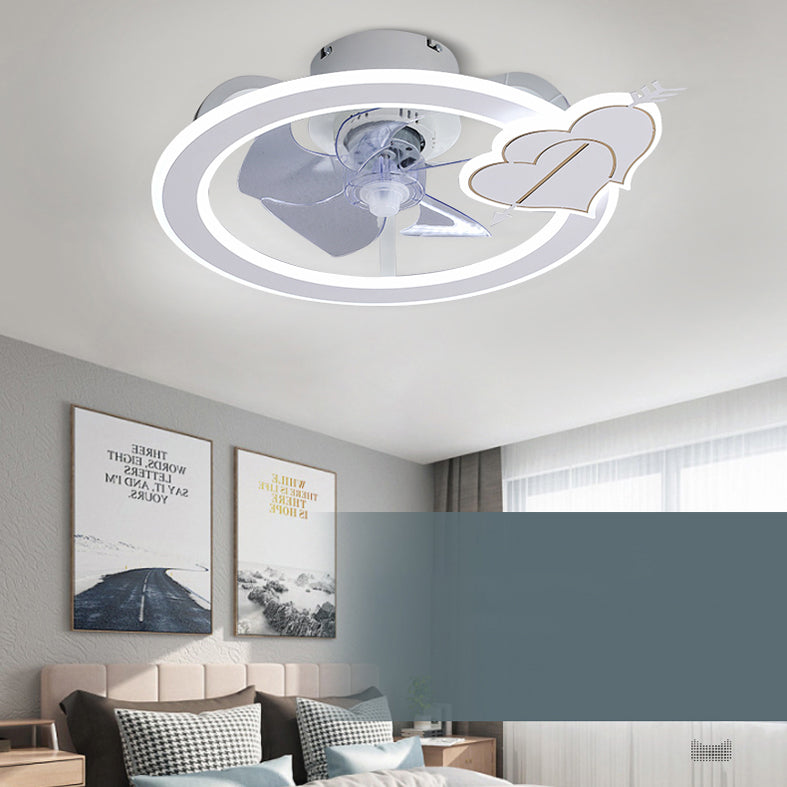 Minimalist Circle Flush Ceiling Fan Metal Bedroom LED Semi Flush Mount Light with Remote