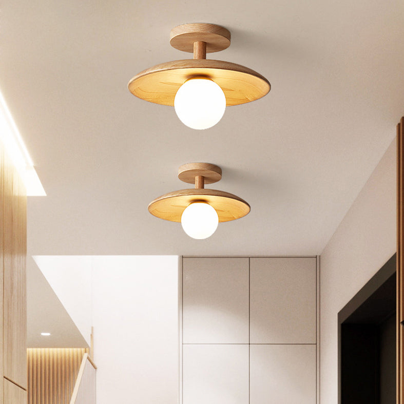 Log Color Globe Semi Flush Mount in Modern Simplicity Wooden Indoor Ceiling Light with Glass Shade