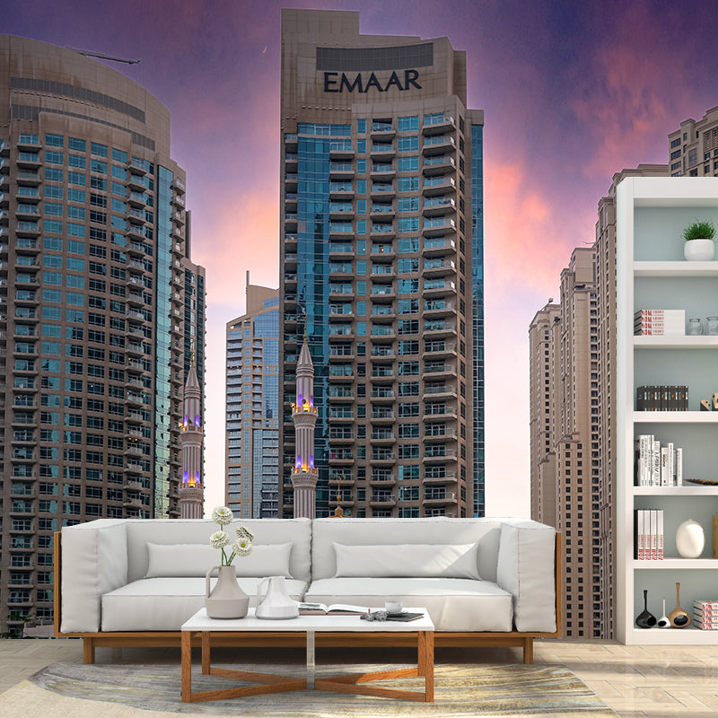 Modern City Building View Mural in Dark Color for Sitting Room ,Personalized Size