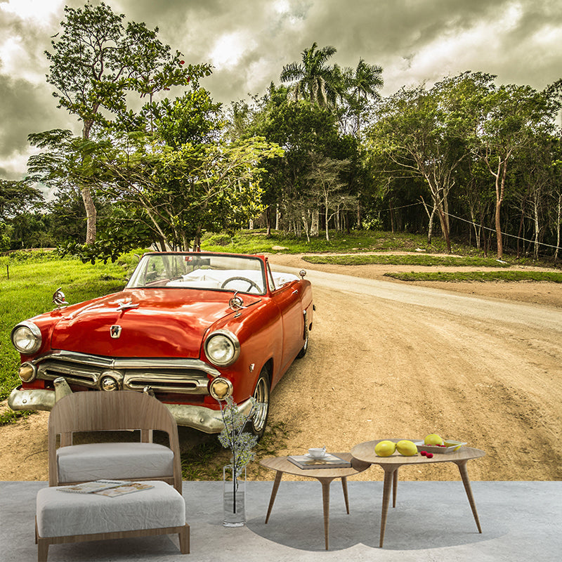 Vintage Car Printed Mural Industrial Style Wall Covering in Pastel Color for Garage