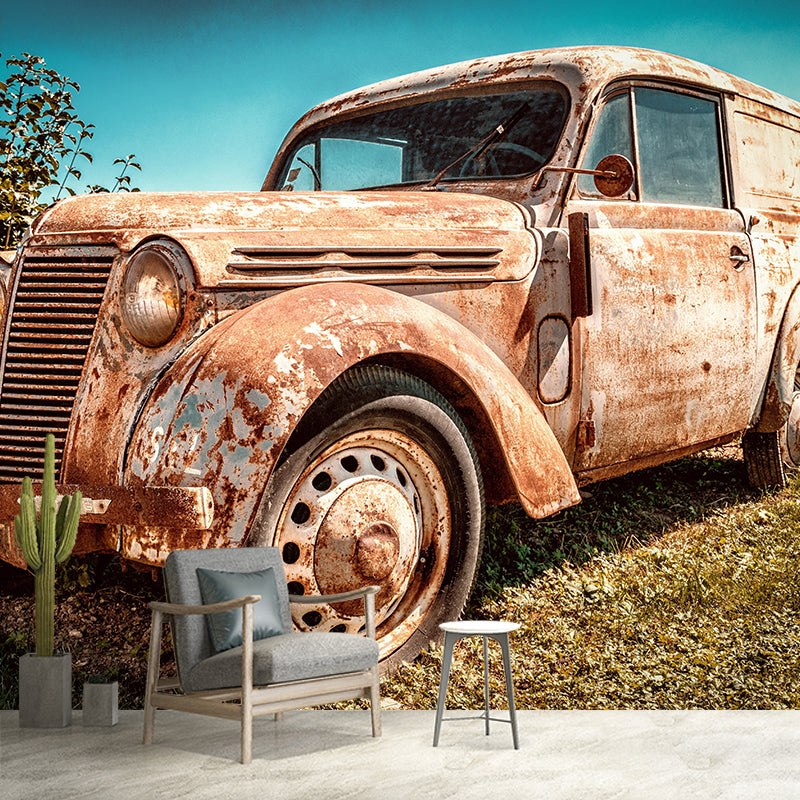 Vintage Car Printed Mural Industrial Style Wall Covering in Pastel Color for Garage
