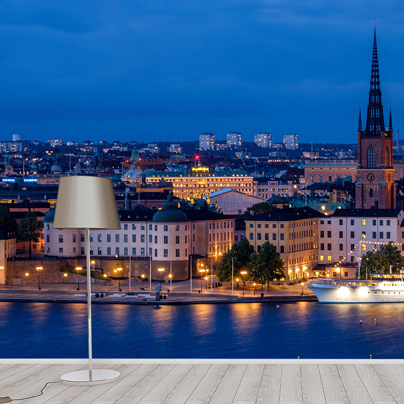 Urban Cityscape Mural Wallpaper Dark Color Moisture Resistant Wall Decor for Fireplace