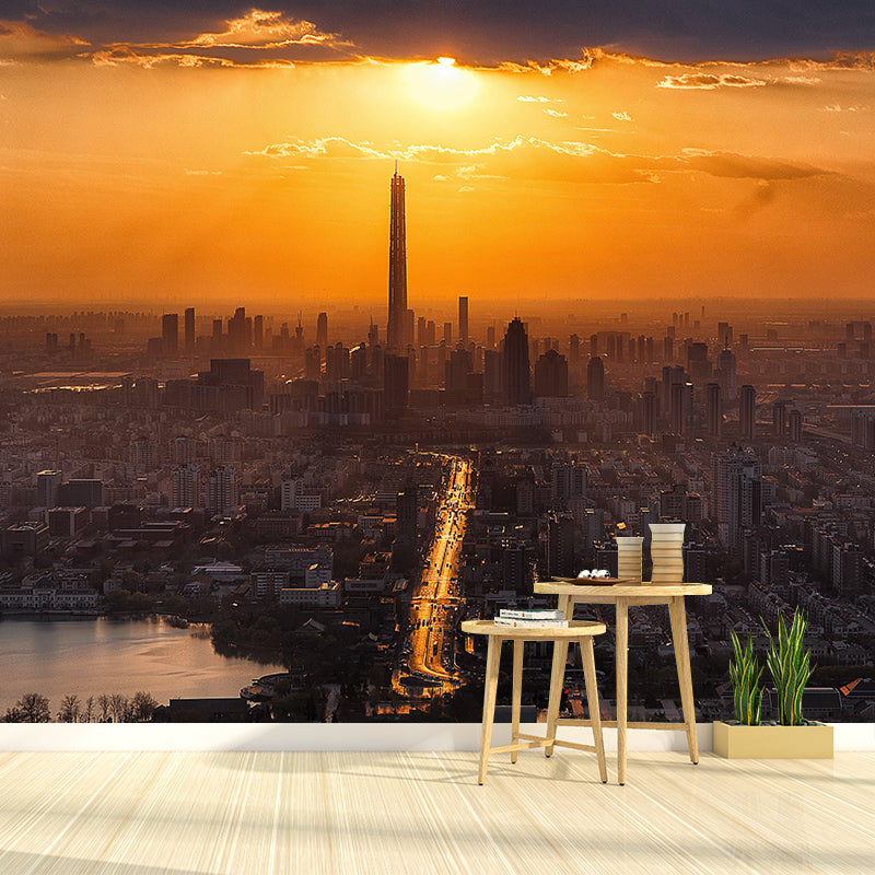 Urban Cityscape Mural Wallpaper Dark Color Moisture Resistant Wall Decor for Fireplace