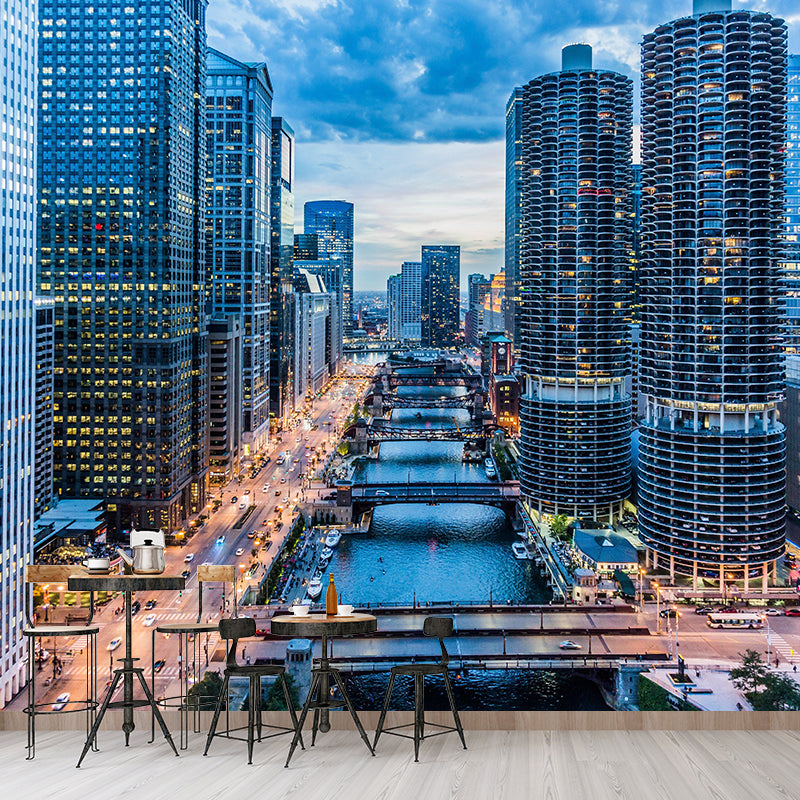 Urban Cityscape Mural Wallpaper Dark Color Moisture Resistant Wall Decor for Fireplace